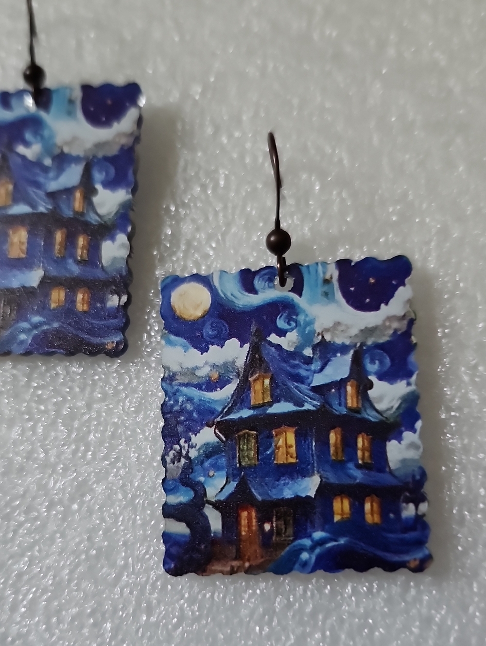 Starry Night Blue Haunted House Earrings